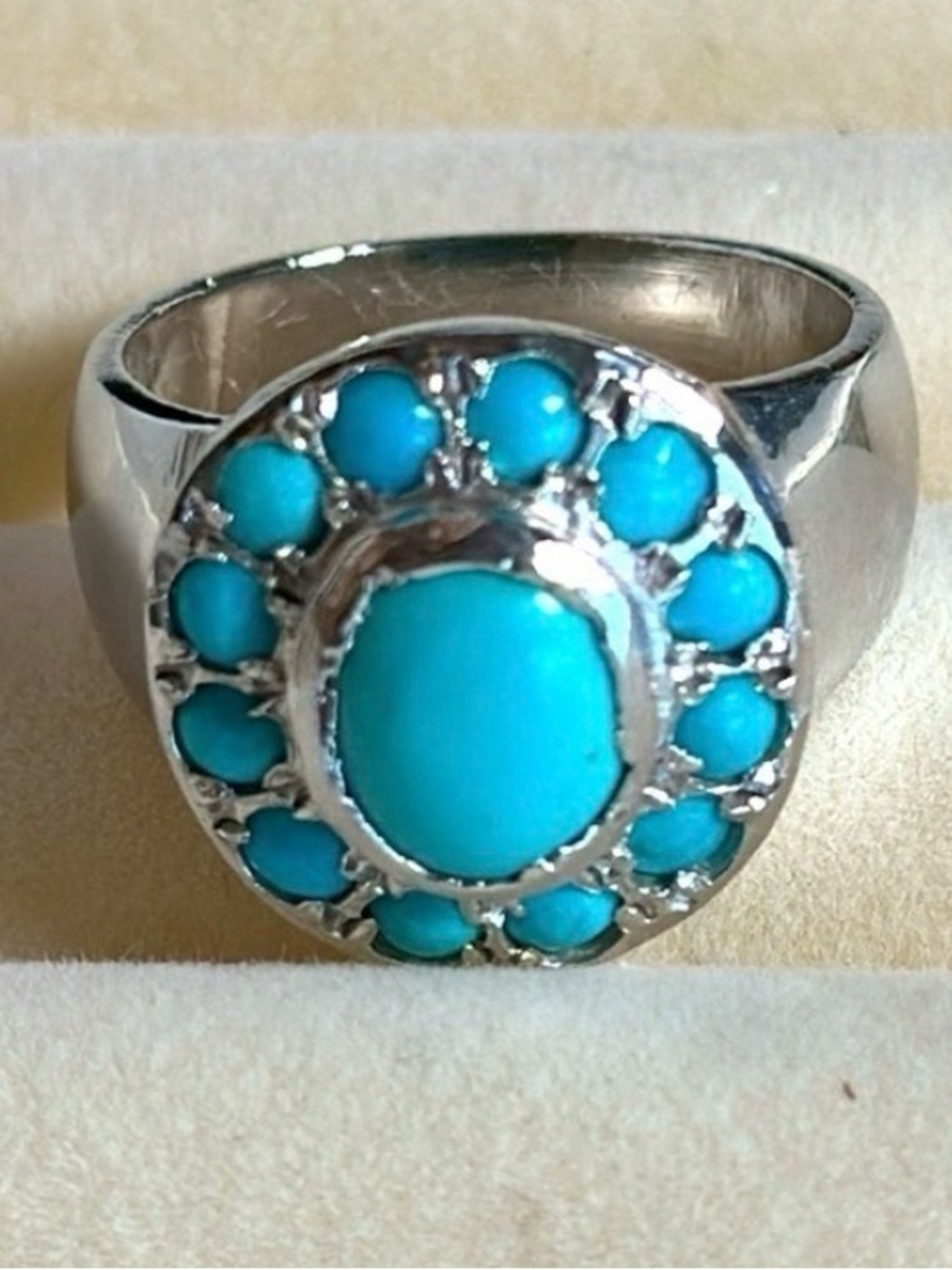 925 SILVER TURQUOISE HALO WIDE BAND Ring Size 8 1/2 Genuine Gemstones